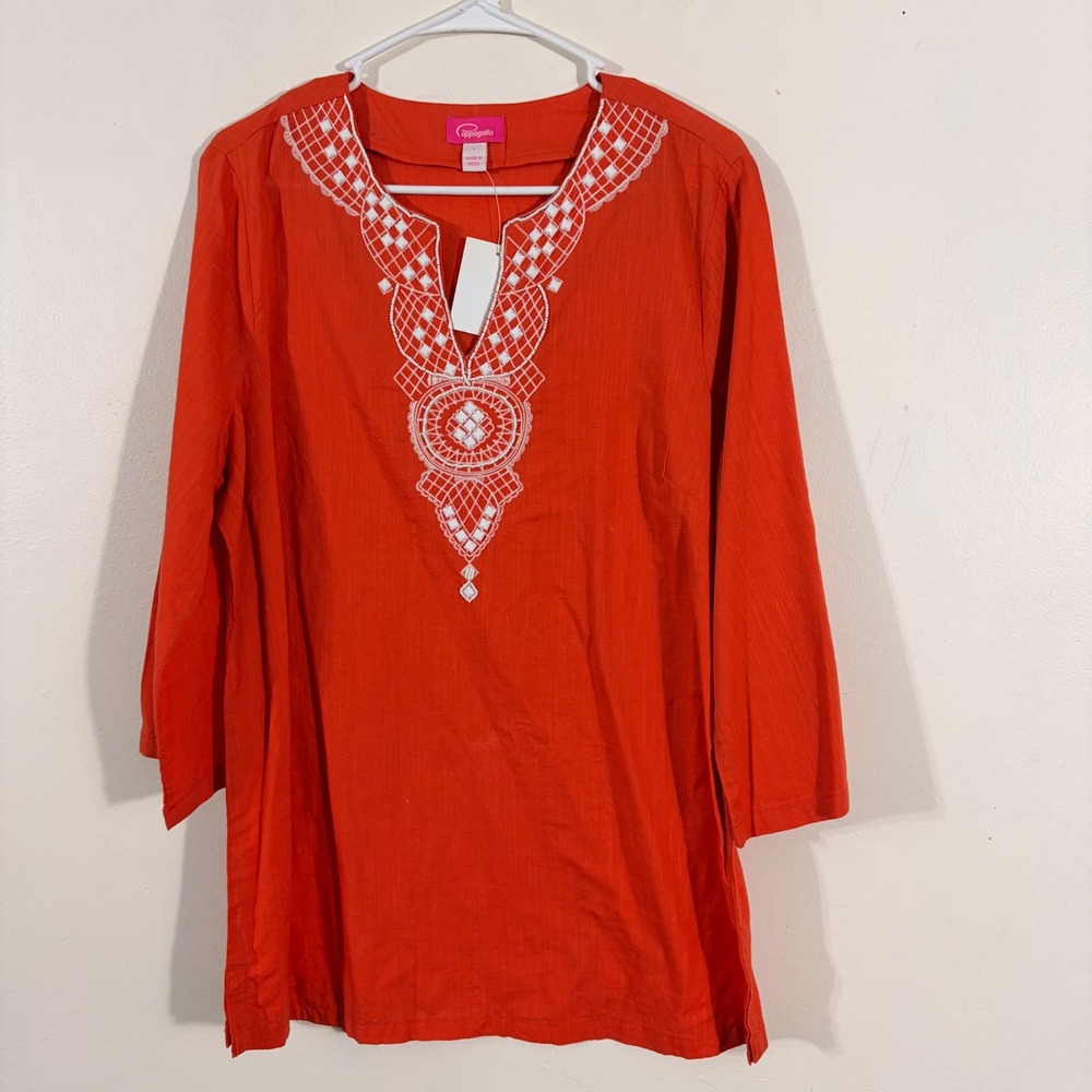 Pappagallo Tunic Top Womens Large Orange NEW Cotton Embroidered Boho Beach BOHO